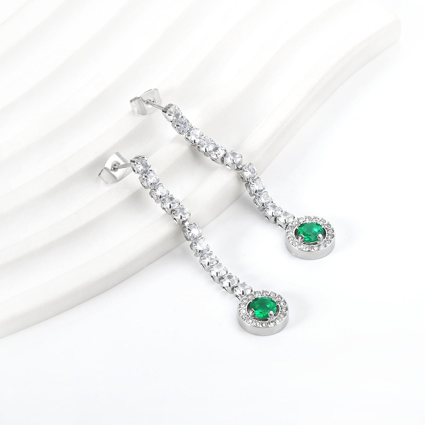 Square Baguette White Diamonds with Round Green Diamonds + White Diamond Hoop Earrings asonjewelry