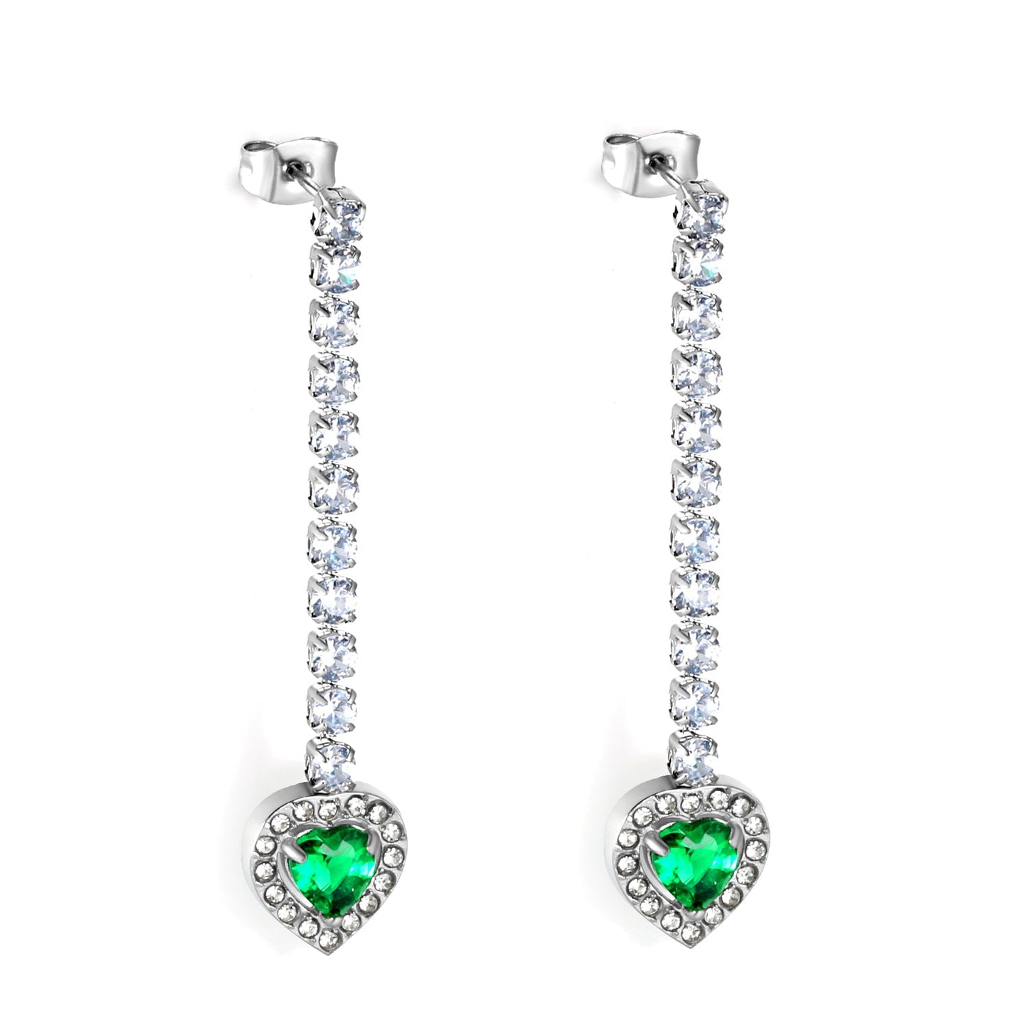 Square Baguette White Diamonds with Round Green Diamonds + White Diamond Hoop Earrings asonjewelry