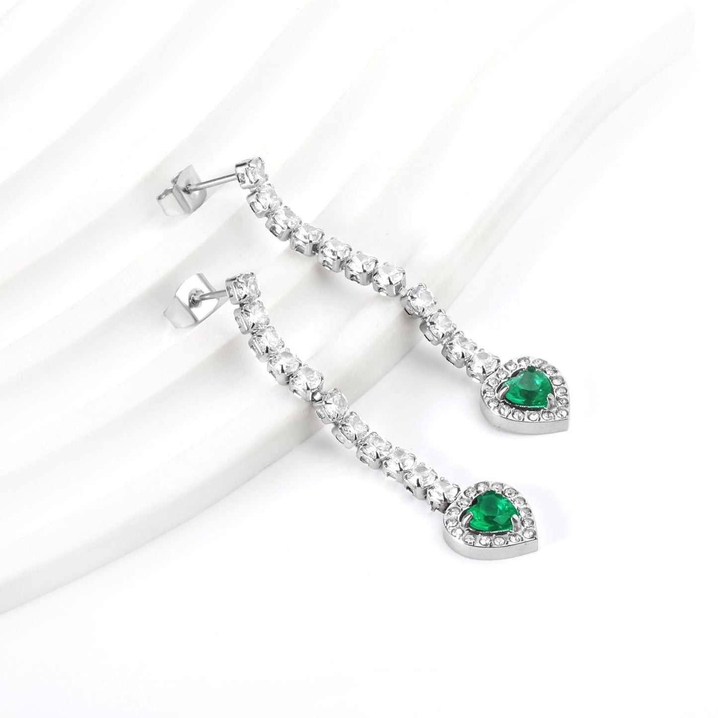 Square Baguette White Diamonds with Round Green Diamonds + White Diamond Hoop Earrings asonjewelry