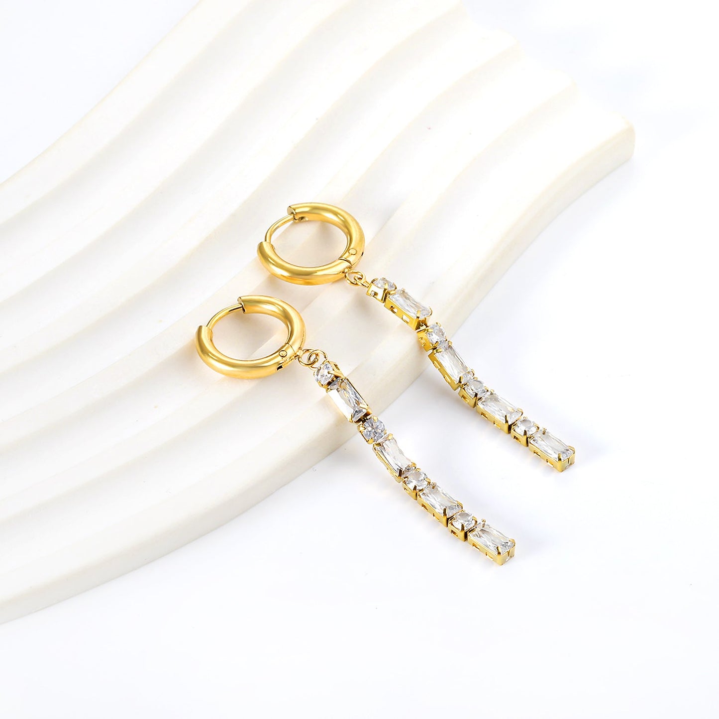 Spring 2024 2x13mm Circle with Baguette White Shell Stud Earrings asonjewelry