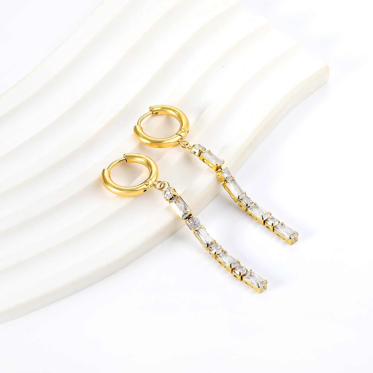 Spring 2024 2x13mm Circle with Baguette White Shell Stud Earrings asonjewelry