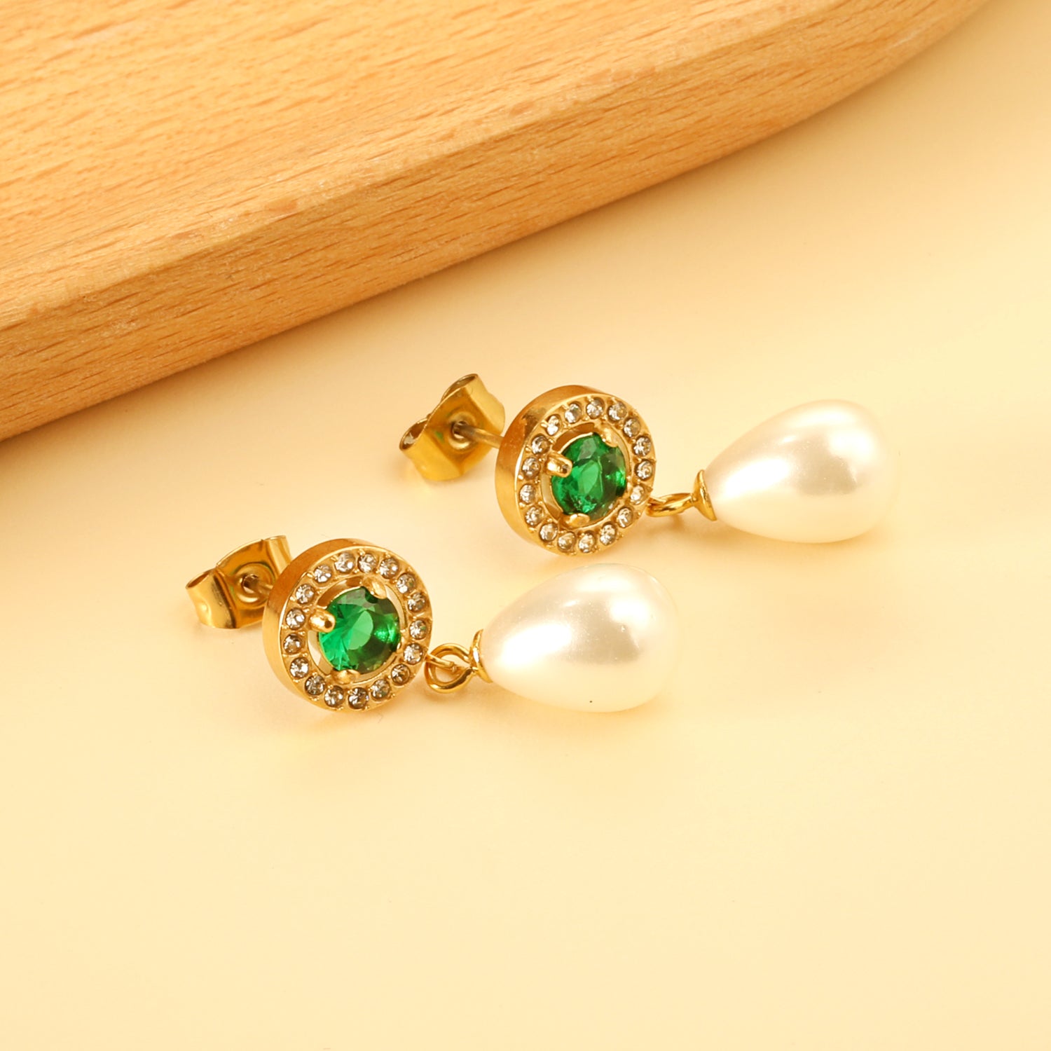 Heart Green Diamonds + White Diamond Hoops with Teardrop White Pearls Stud Earrings asonjewelry