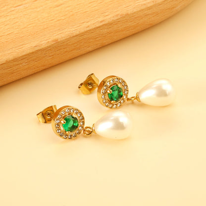 Heart Green Diamonds + White Diamond Hoops with Teardrop White Pearls Stud Earrings asonjewelry