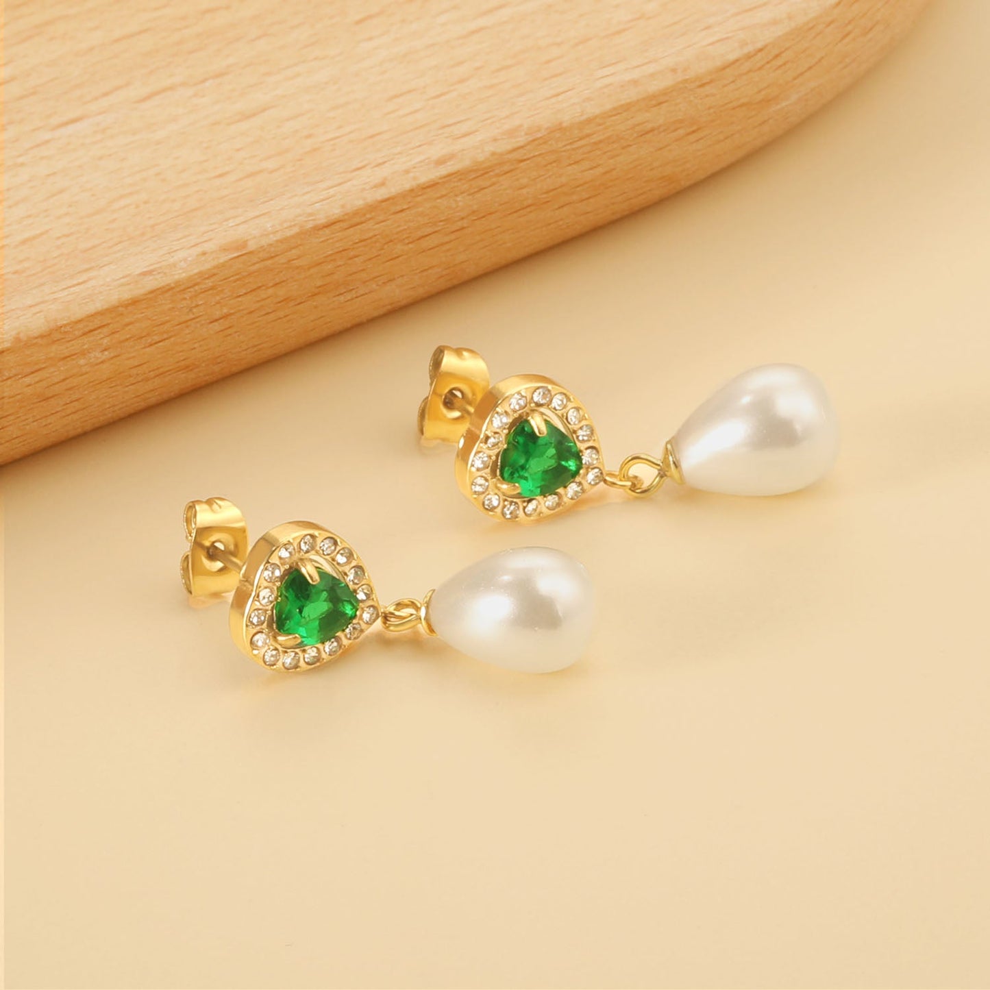 Heart Green Diamonds + White Diamond Hoops with Teardrop White Pearls Stud Earrings asonjewelry