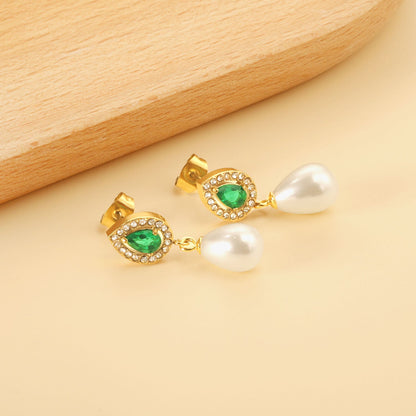 Heart Green Diamonds + White Diamond Hoops with Teardrop White Pearls Stud Earrings asonjewelry