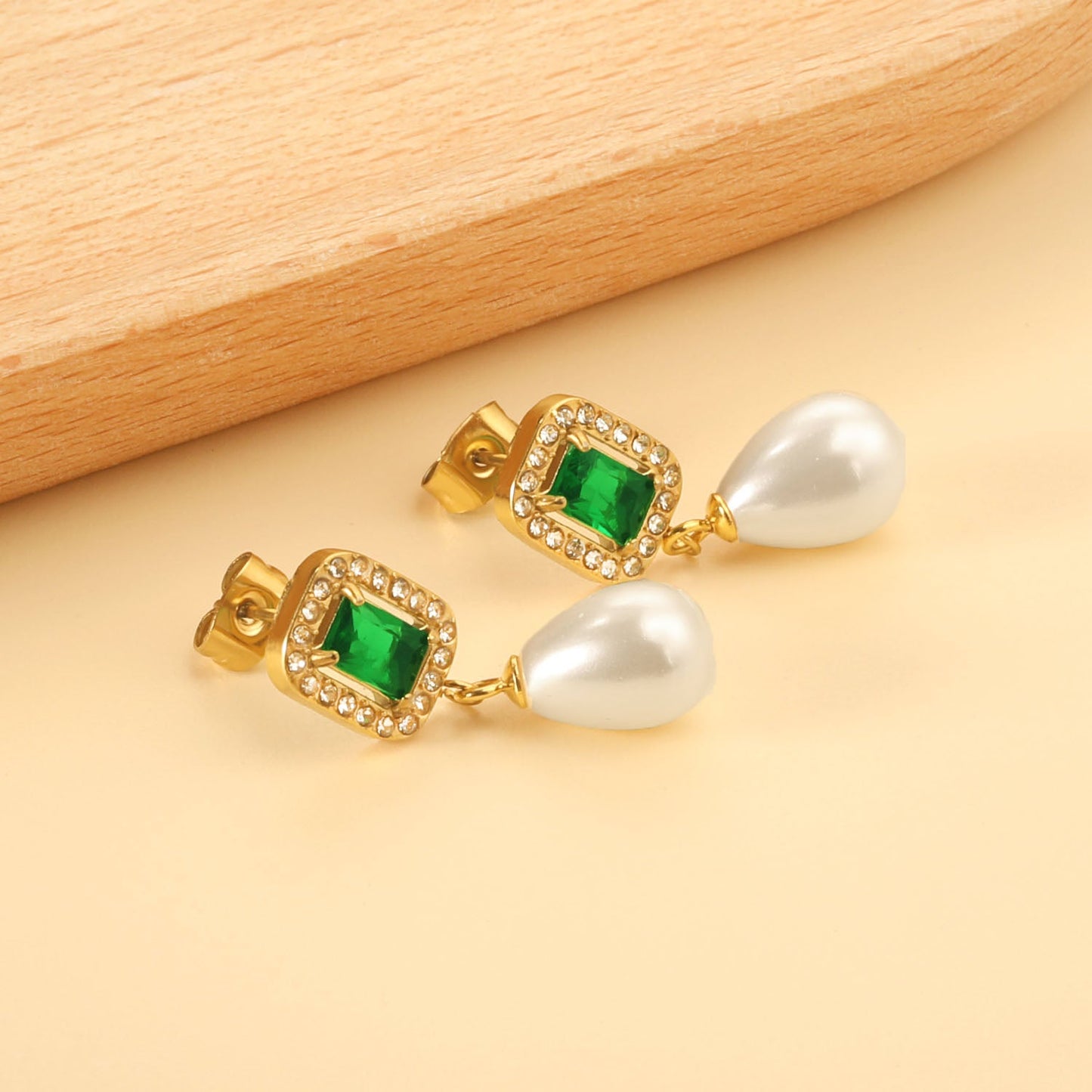 Heart Green Diamonds + White Diamond Hoops with Teardrop White Pearls Stud Earrings asonjewelry