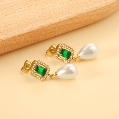 Heart Green Diamonds + White Diamond Hoops with Teardrop White Pearls Stud Earrings asonjewelry