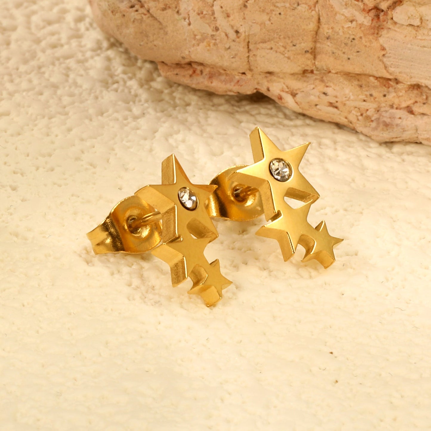 Three large and small stars with diamond earrings 7.6 * 12.3mm steel color / gold color asonjewelry