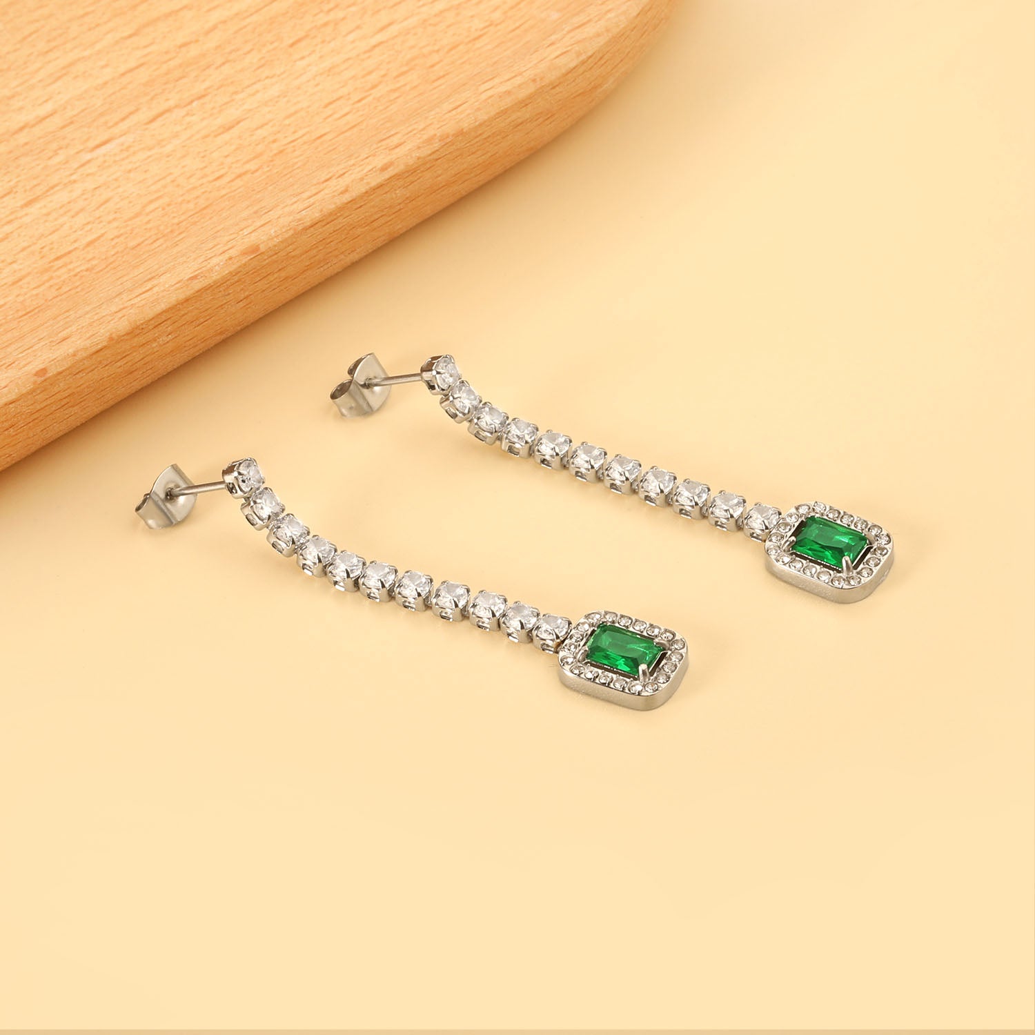 Square Baguette White Diamonds with Round Green Diamonds + White Diamond Hoop Earrings asonjewelry