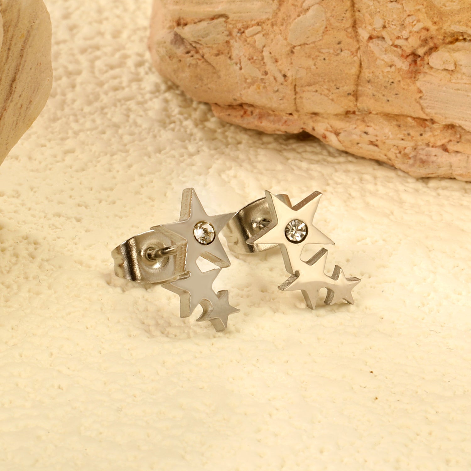 Three large and small stars with diamond earrings 7.6 * 12.3mm steel color / gold color asonjewelry