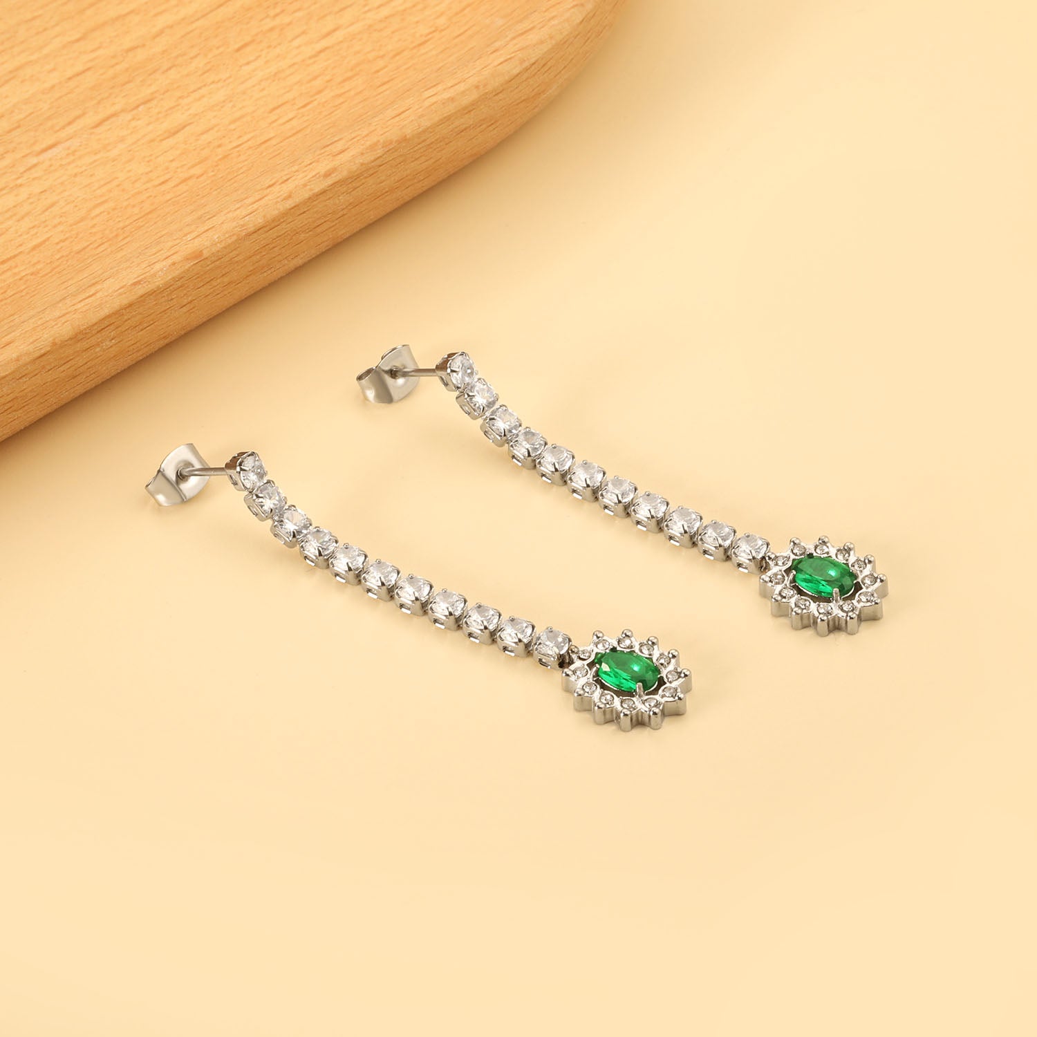 Square Baguette White Diamonds with Round Green Diamonds + White Diamond Hoop Earrings asonjewelry