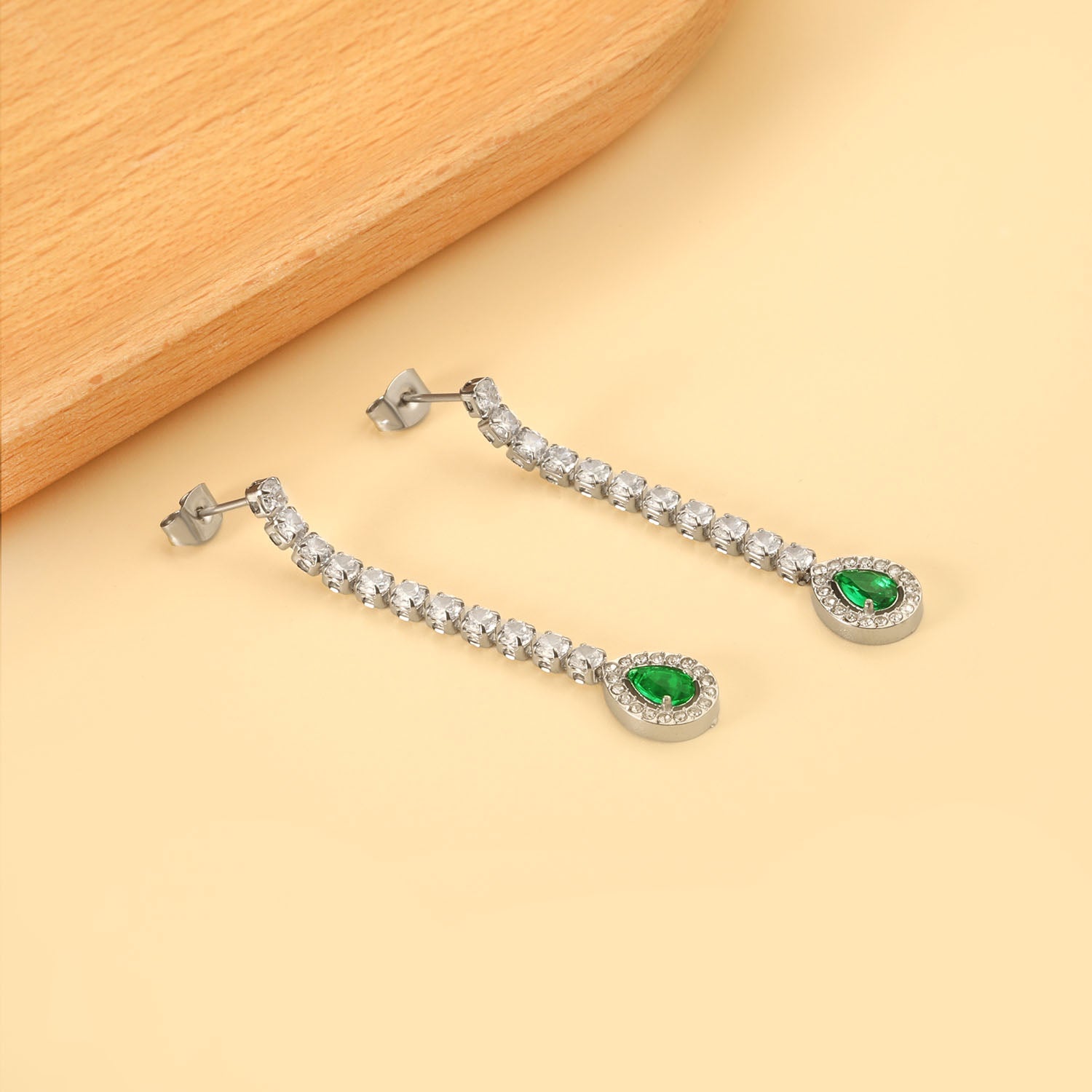 Square Baguette White Diamonds with Round Green Diamonds + White Diamond Hoop Earrings asonjewelry