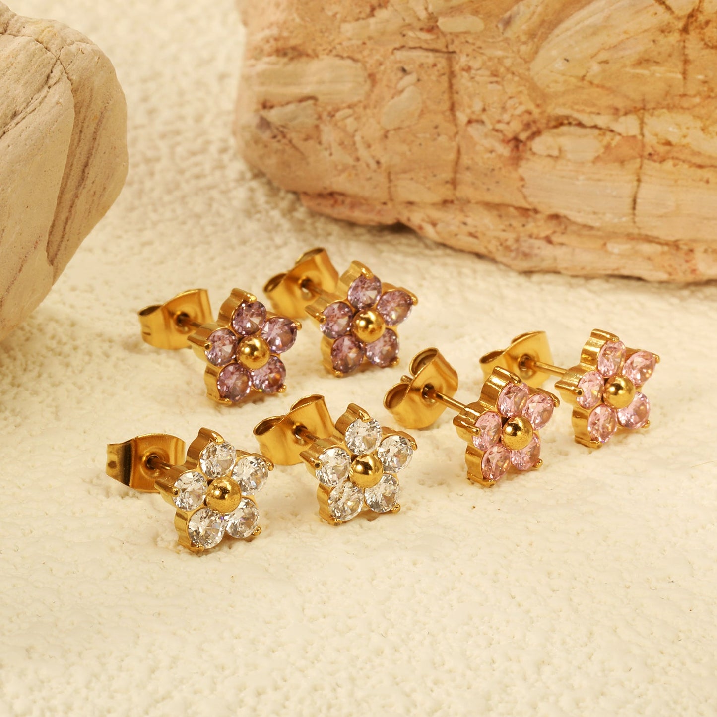 3 Pairs Mixed Color Zirconia Five Petal Flower Stud Earrings 9mm Goldtone asonjewelry