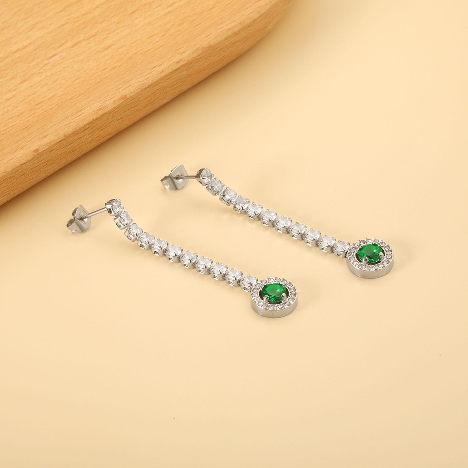 Square Baguette White Diamonds with Round Green Diamonds + White Diamond Hoop Earrings asonjewelry