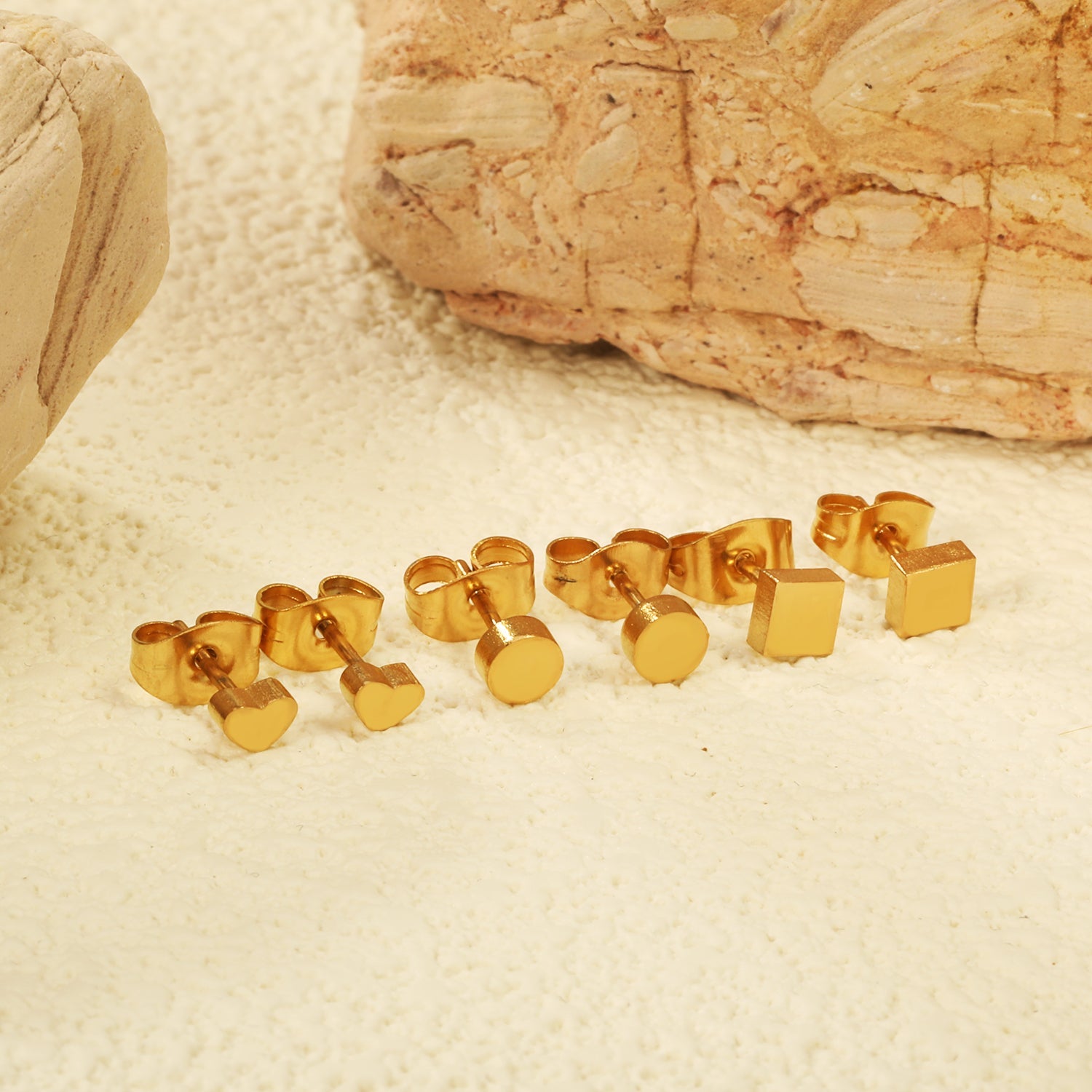 3 Pairs Mixed Cut Stud Earrings (Round 4mm, Heart 4*3mm, Square 4mm) Steel Color/Golden Color asonjewelry