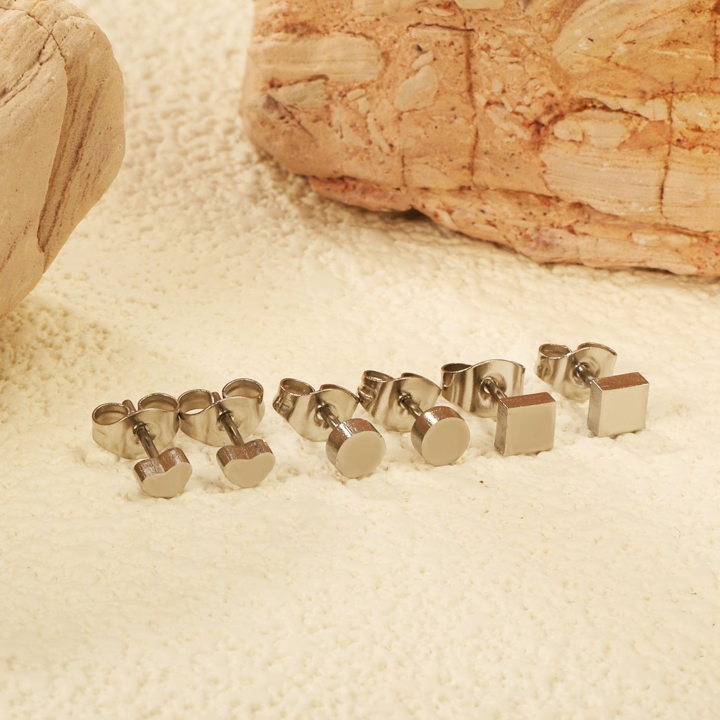 3 Pairs Mixed Cut Stud Earrings (Round 4mm, Heart 4*3mm, Square 4mm) Steel Color/Golden Color asonjewelry