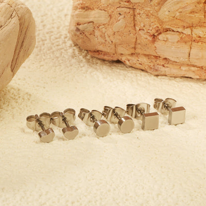 3 Pairs Mixed Cut Stud Earrings (Round 4mm, Heart 4*3mm, Square 4mm) Steel Color/Golden Color asonjewelry