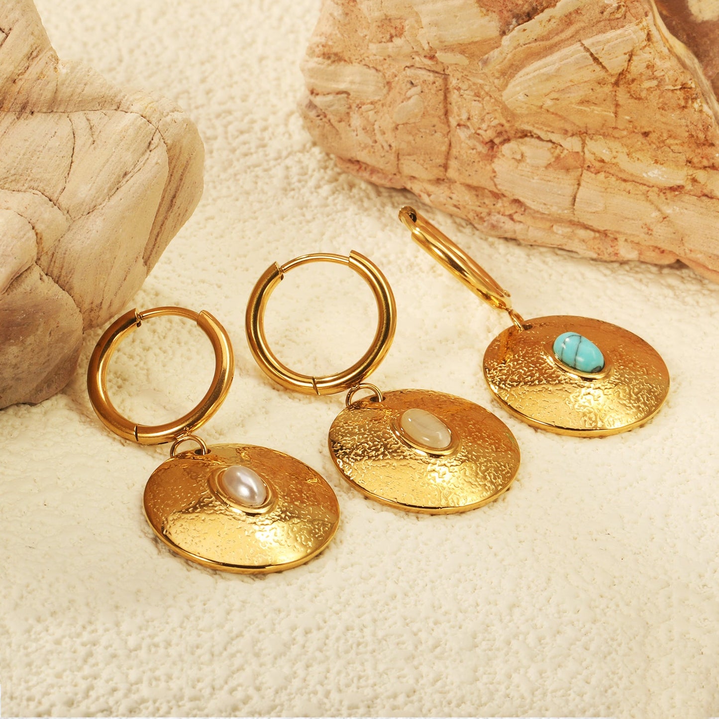 2*12mm inner diameter earrings + 20mm round with oval imitation white pearl/white cat's eye stone/turquoise earrings gold color asonjewelry