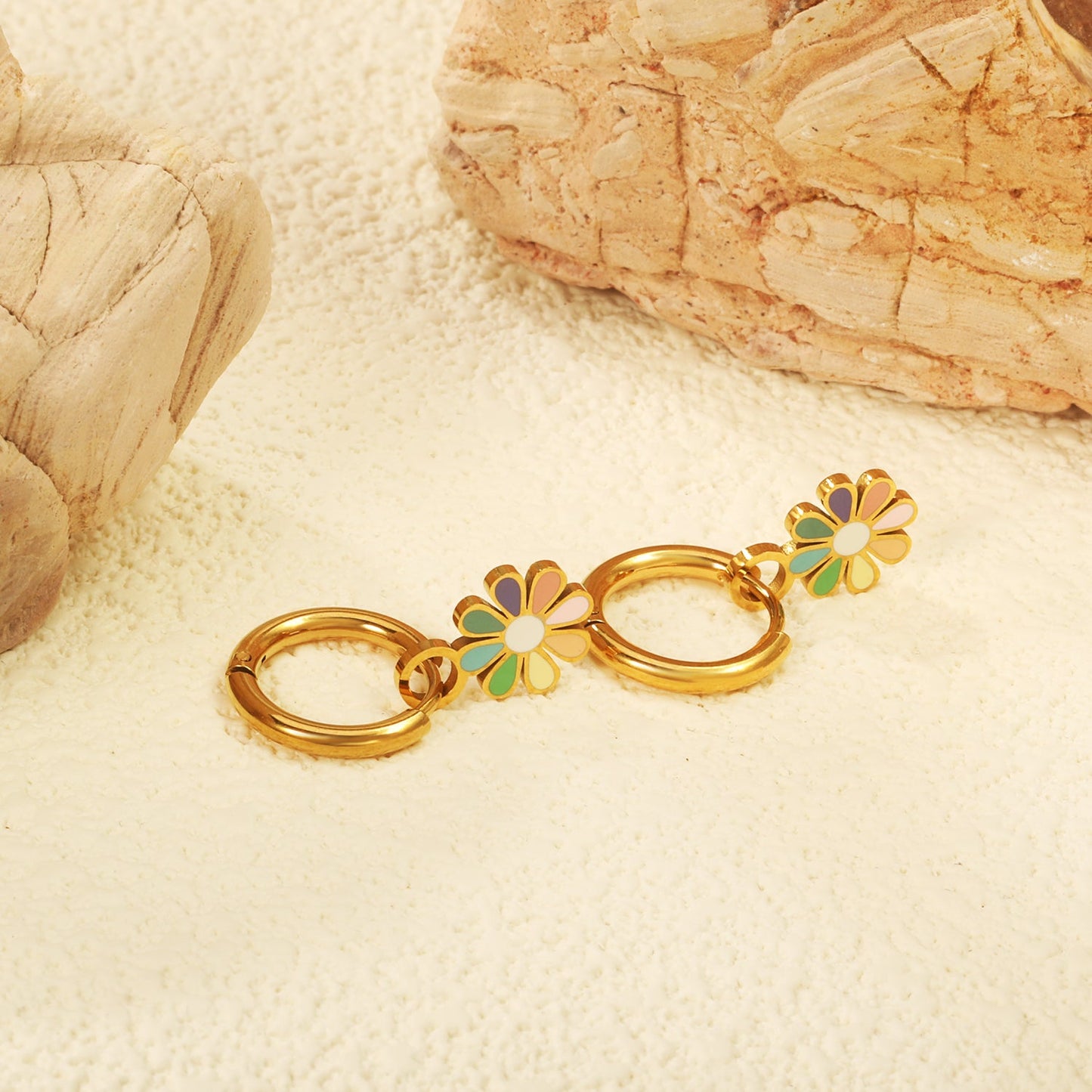 2*10mm circle + 9.4*13mm eight petal flower with colorful oil drop earrings in steel/golden color asonjewelry