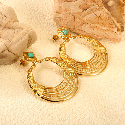 12.2mm Rhombus with Turquoise + 38.5mm Textured Circle Earrings Gold Color asonjewelry