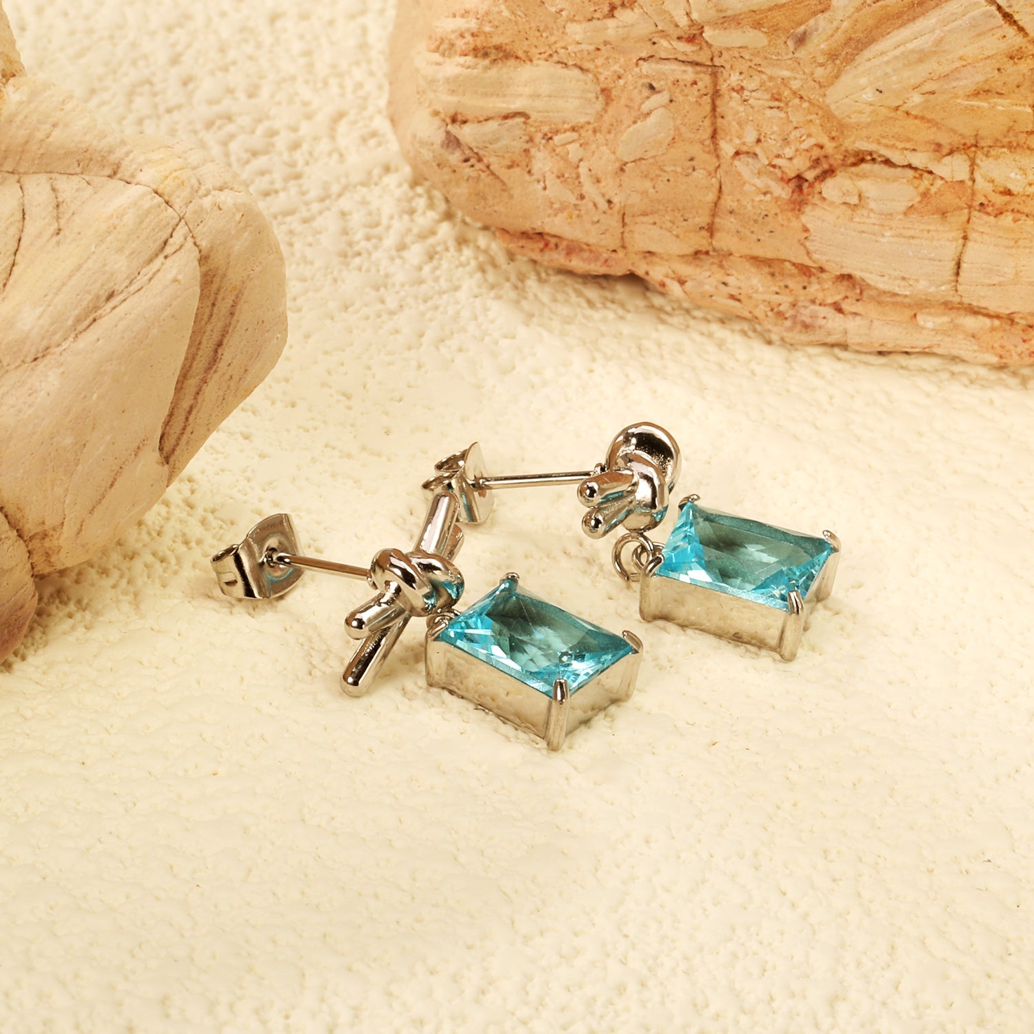 13.3*6mm Rope Ribbon + 8*10mm Rectangle Light Blue Zirconia Earrings Steel/Golden asonjewelry