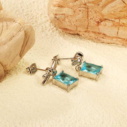 13.3*6mm Rope Ribbon + 8*10mm Rectangle Light Blue Zirconia Earrings Steel/Golden asonjewelry