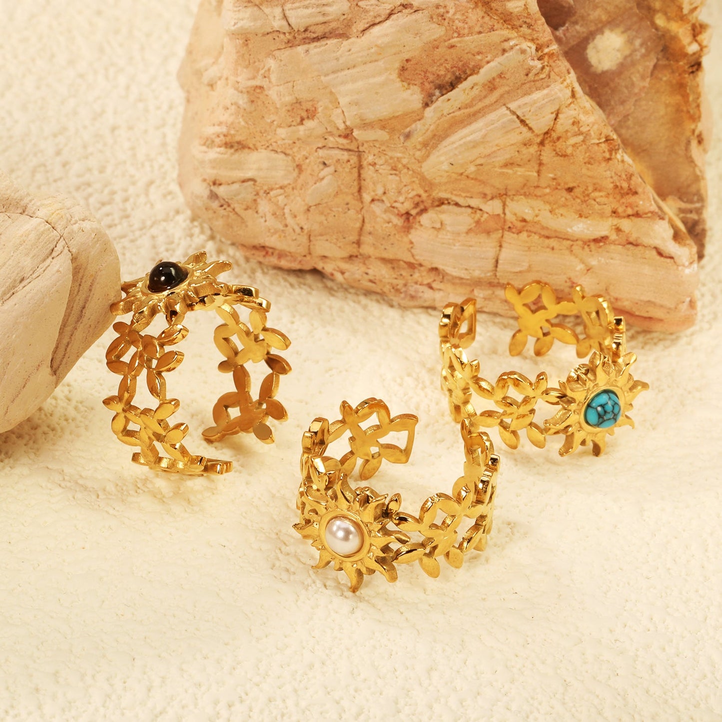 13mm Sunburst Pearl/Turquoise/Tiger Eye Split Ring Gold 8 asonjewelry