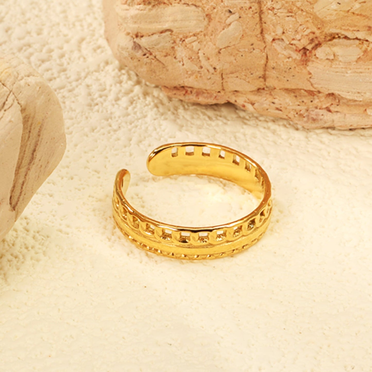 18K Gold - Plated Striped & Hollowed - out Wide Ring asonjewelry