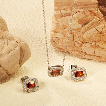 11*8.8mm rectangle garnet red zirconium with white zirconium circle earrings + necklace cross chain 0.3*44+5cm+6mm round end plate Set steel color/golden asonjewelry