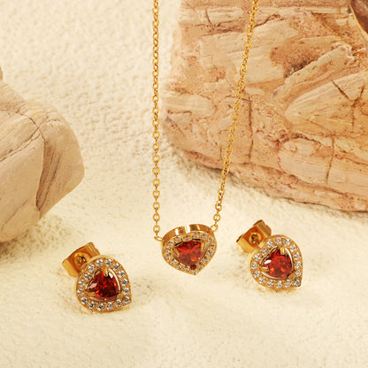 9.7*10.5mm heart shaped pomegranate red zirconium with white zirconium hoop earrings + necklace cross chain 0.3*44+5cm+6mm round end plate Set Steel/Golden color asonjewelry