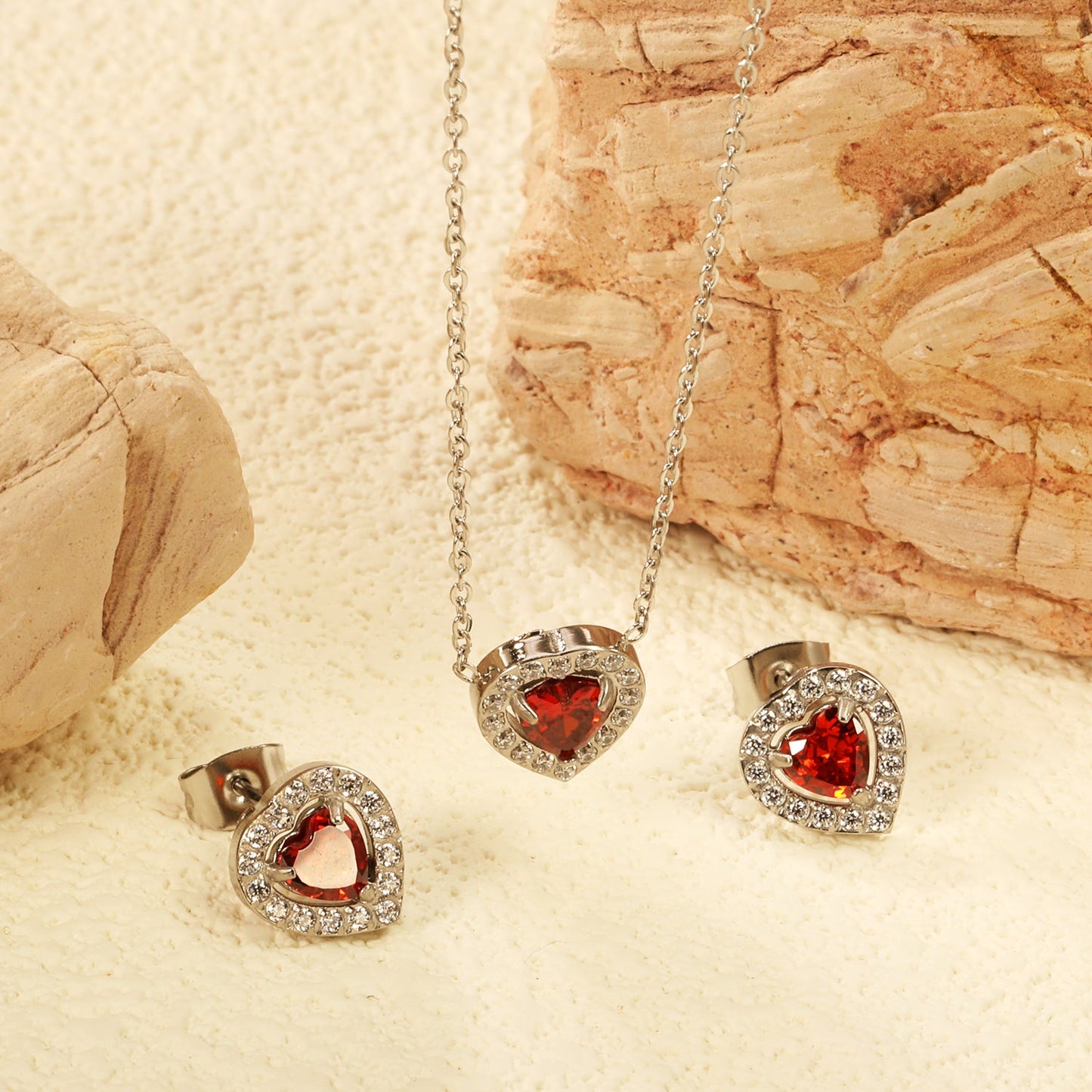 9.7*10.5mm heart shaped pomegranate red zirconium with white zirconium hoop earrings + necklace cross chain 0.3*44+5cm+6mm round end plate Set Steel/Golden color asonjewelry