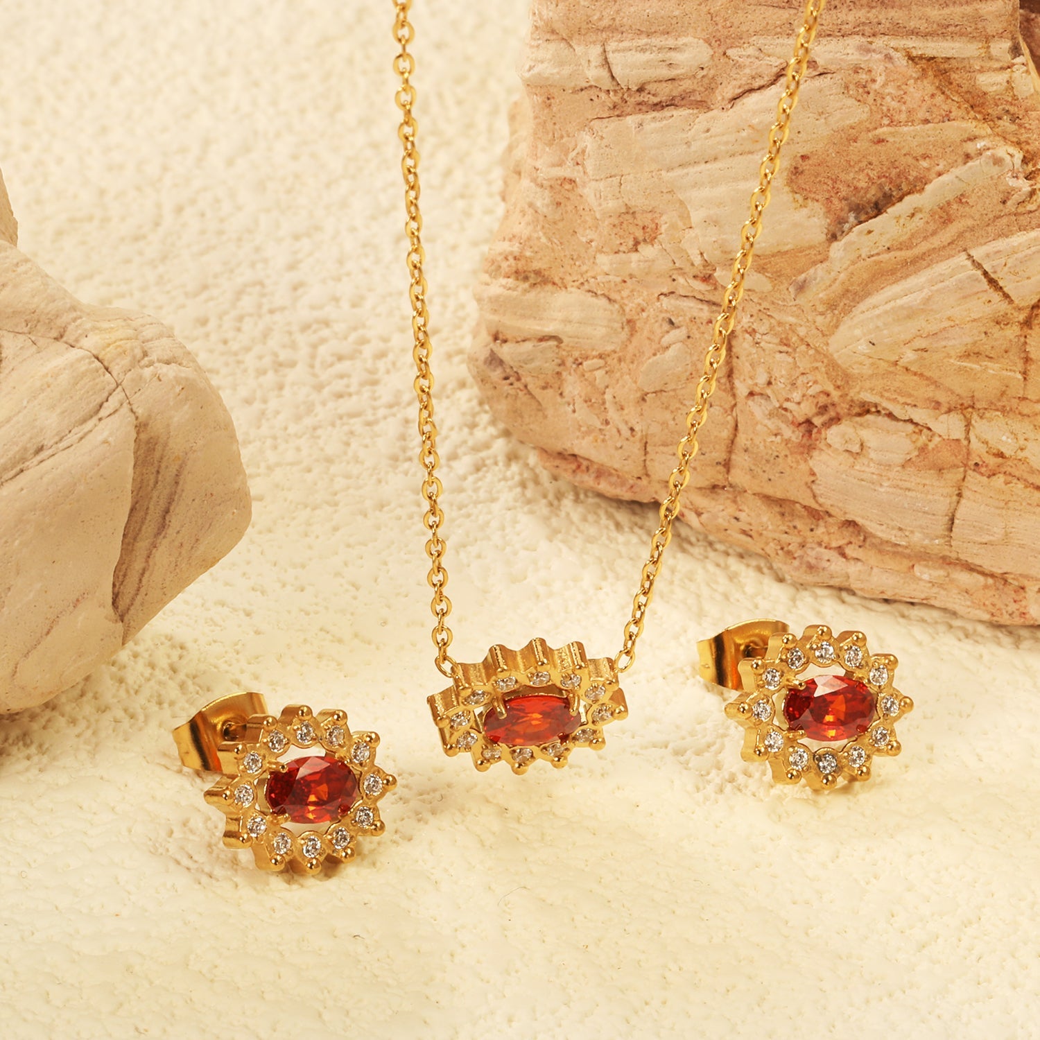 12.4*10.2 Lace Oval Garnet Red Zirconium with White Zirconium Hoops Earrings + Necklace Cross Chain 0.3*44+5cm+6mm Round Tail Plate Set Steel/Golden asonjewelry