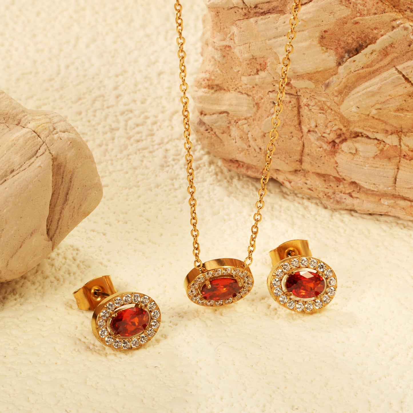 10.3*8.4mm oval garnet red zirconium with white zirconium hoop earrings + necklace cross chain 0.3*44+5cm+6mm round end plate Set steel color/golden color asonjewelry