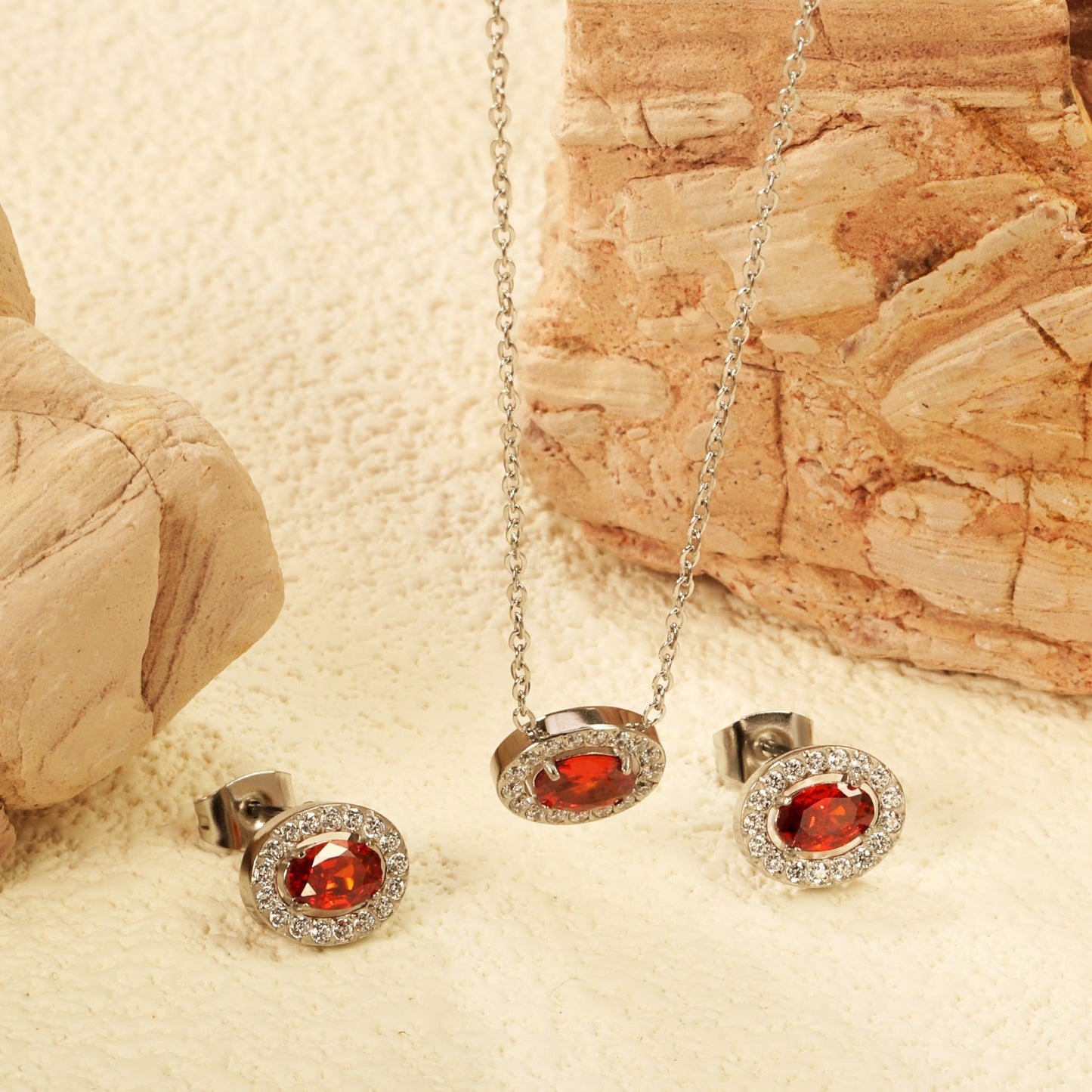 10.3*8.4mm oval garnet red zirconium with white zirconium hoop earrings + necklace cross chain 0.3*44+5cm+6mm round end plate Set steel color/golden color asonjewelry