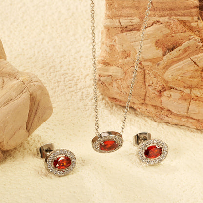 10.3*8.4mm oval garnet red zirconium with white zirconium hoop earrings + necklace cross chain 0.3*44+5cm+6mm round end plate Set steel color/golden color asonjewelry