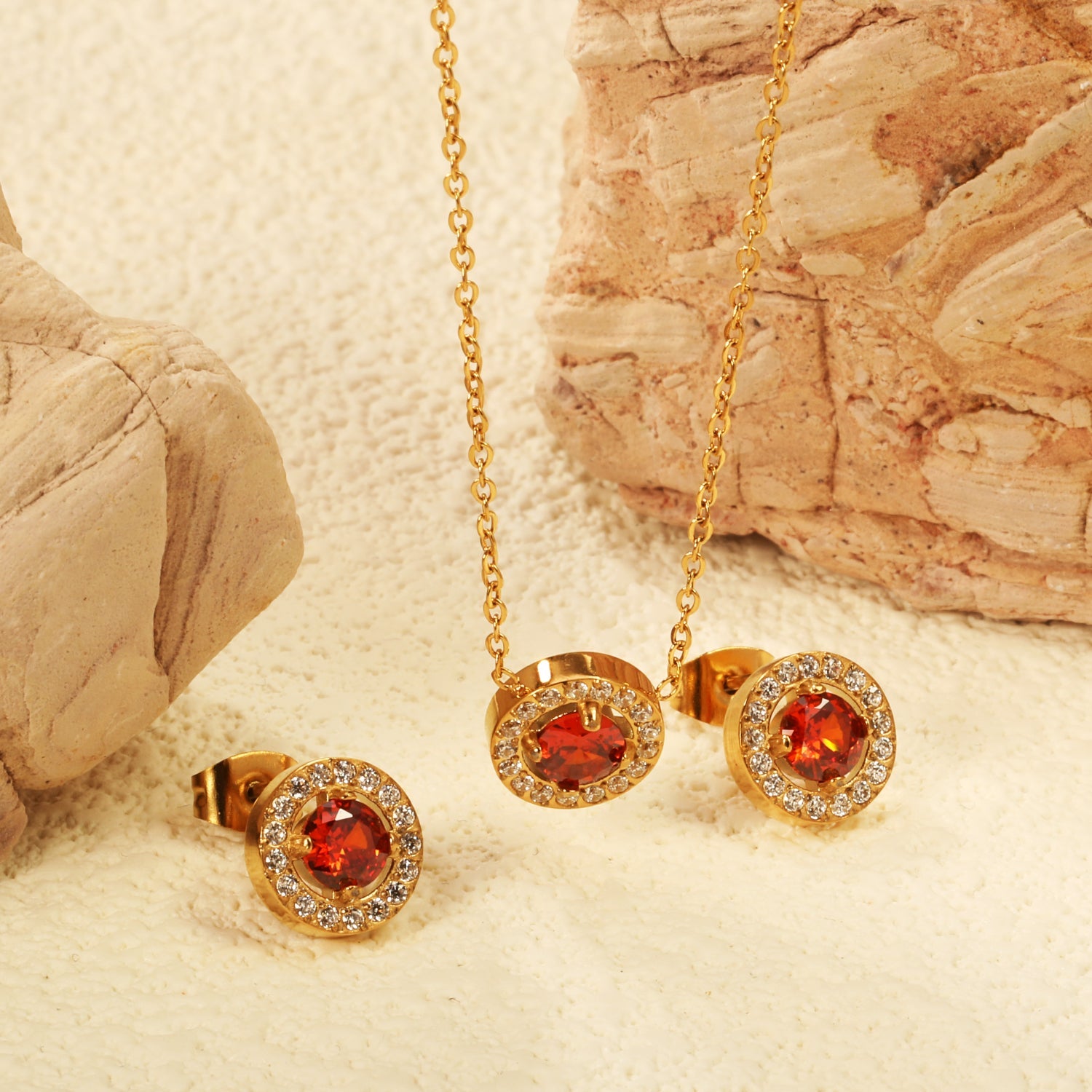 9.6mm Round Garnet Red Zirconia with White Zirconia Hoop Earrings + Necklace Cross Chain 0.3*44+5cm+6mm Round Tail Plaque Set Steel Color / Gold asonjewelry