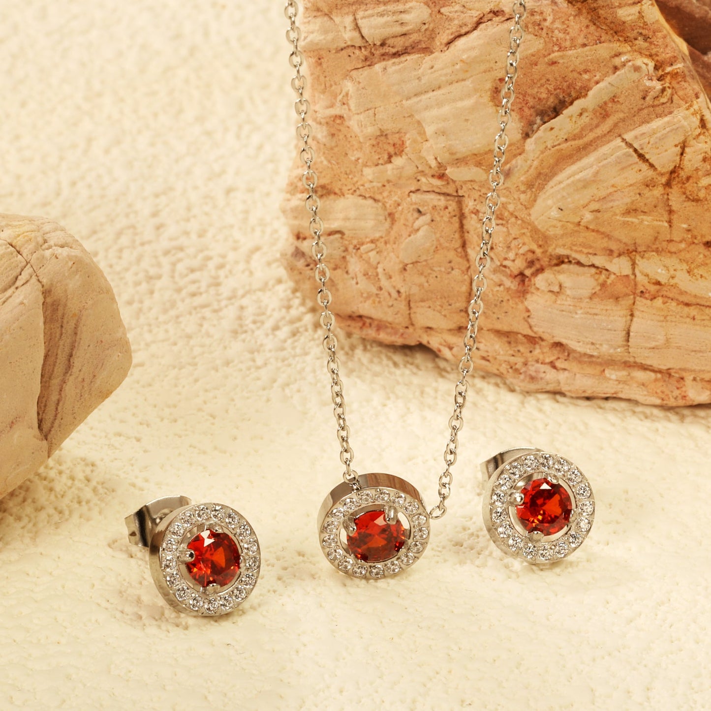 9.6mm Round Garnet Red Zirconia with White Zirconia Hoop Earrings + Necklace Cross Chain 0.3*44+5cm+6mm Round Tail Plaque Set Steel Color / Gold asonjewelry