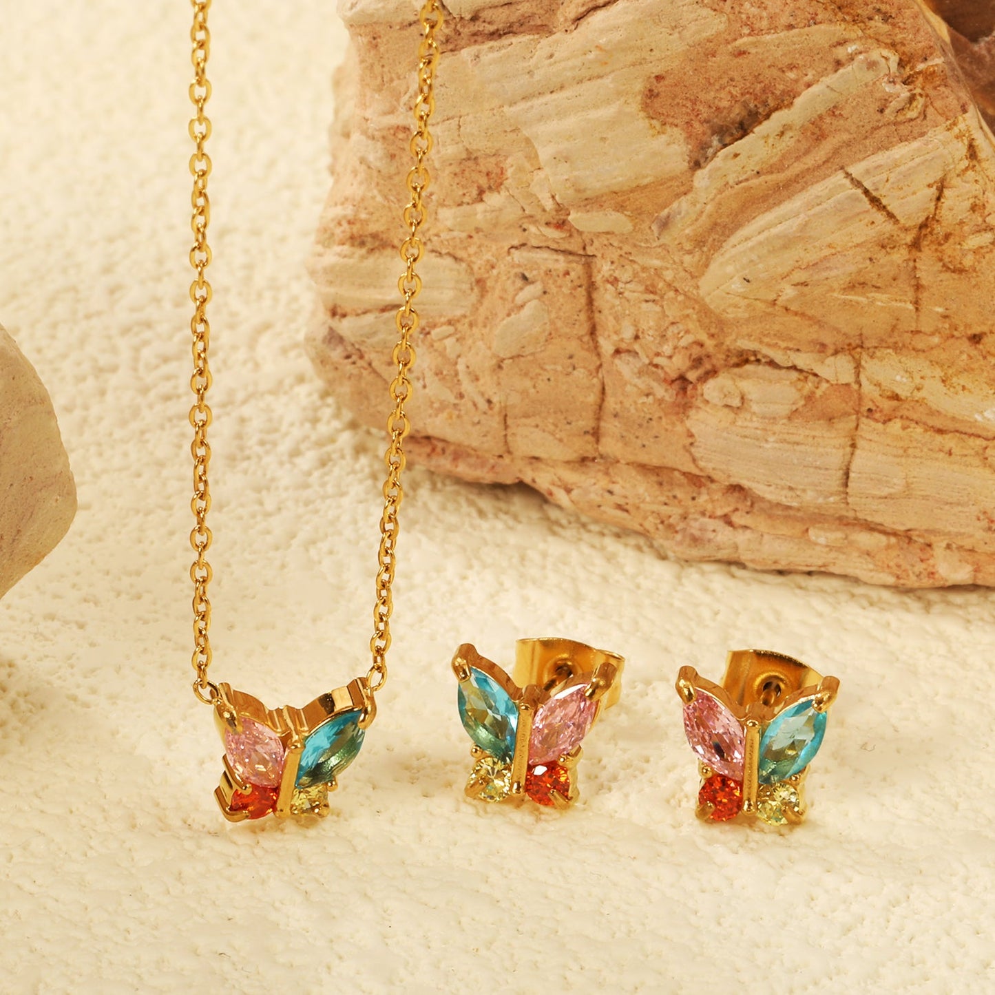 9.3*8.4mm Butterfly with white zirconium/color zirconium earrings + necklace 0.3*44+5cm+6mm round tail plate set steel/golden asonjewelry