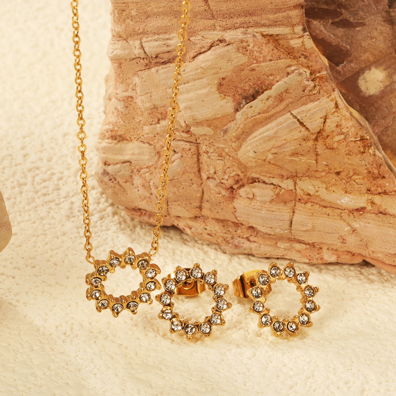 11.6mm Lace Circle with White Zirconium Stud Earrings + Necklace Cross Chain 0.3*44+5cm+6mm Round End Plate Set Steel/Golden asonjewelry