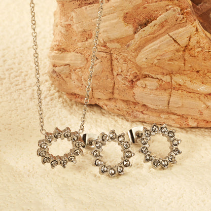 11.6mm Lace Circle with White Zirconium Stud Earrings + Necklace Cross Chain 0.3*44+5cm+6mm Round End Plate Set Steel/Golden asonjewelry