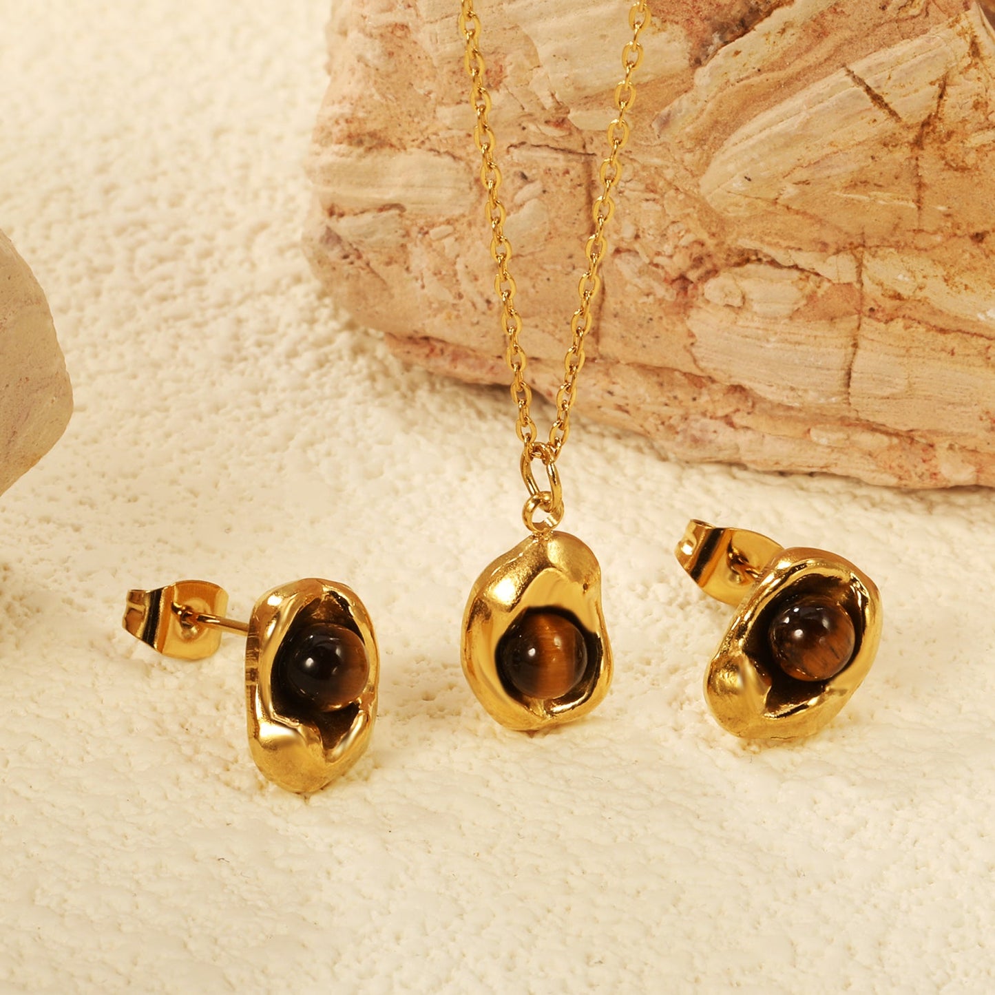 Tiger Eye Set Gold 0.3 Cross 40+5cm+6mm Earring+8.3*11.6mm Pendant Necklace 8.3*11.6mm Round Tail Plaque Set Gold color asonjewelry