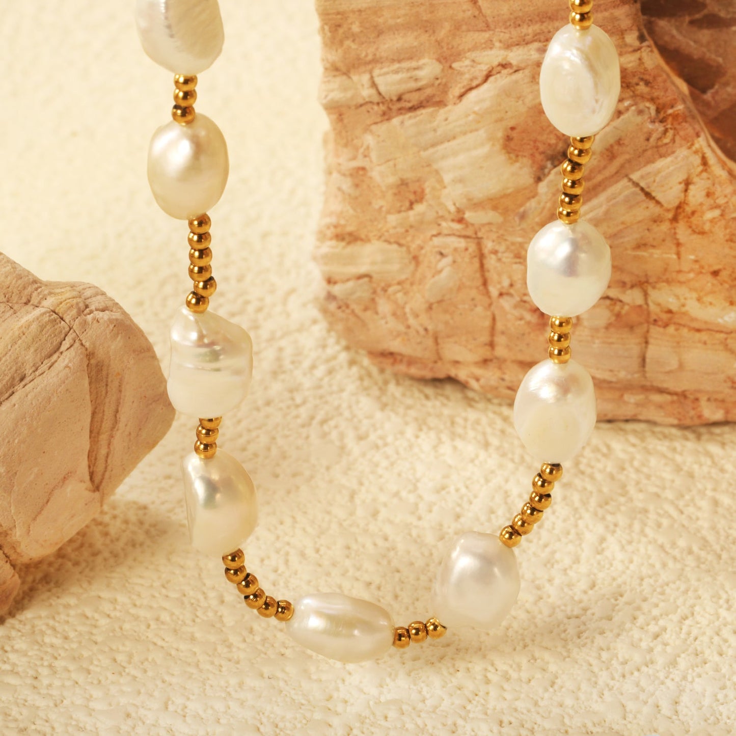 7*9mm freshwater pearl+2mm steel bead necklace 40+5cm+6mm round plaque Gold color asonjewelry