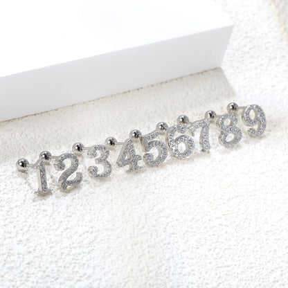 Steel ball screw-in numbers 1~9 with white diamond earrings 6*10mm asonjewelry