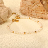 3.2mm White Shell Beads + 3mm Small Steel Beads Bracelet 18+3cm+6mm Round Tag Gold Color