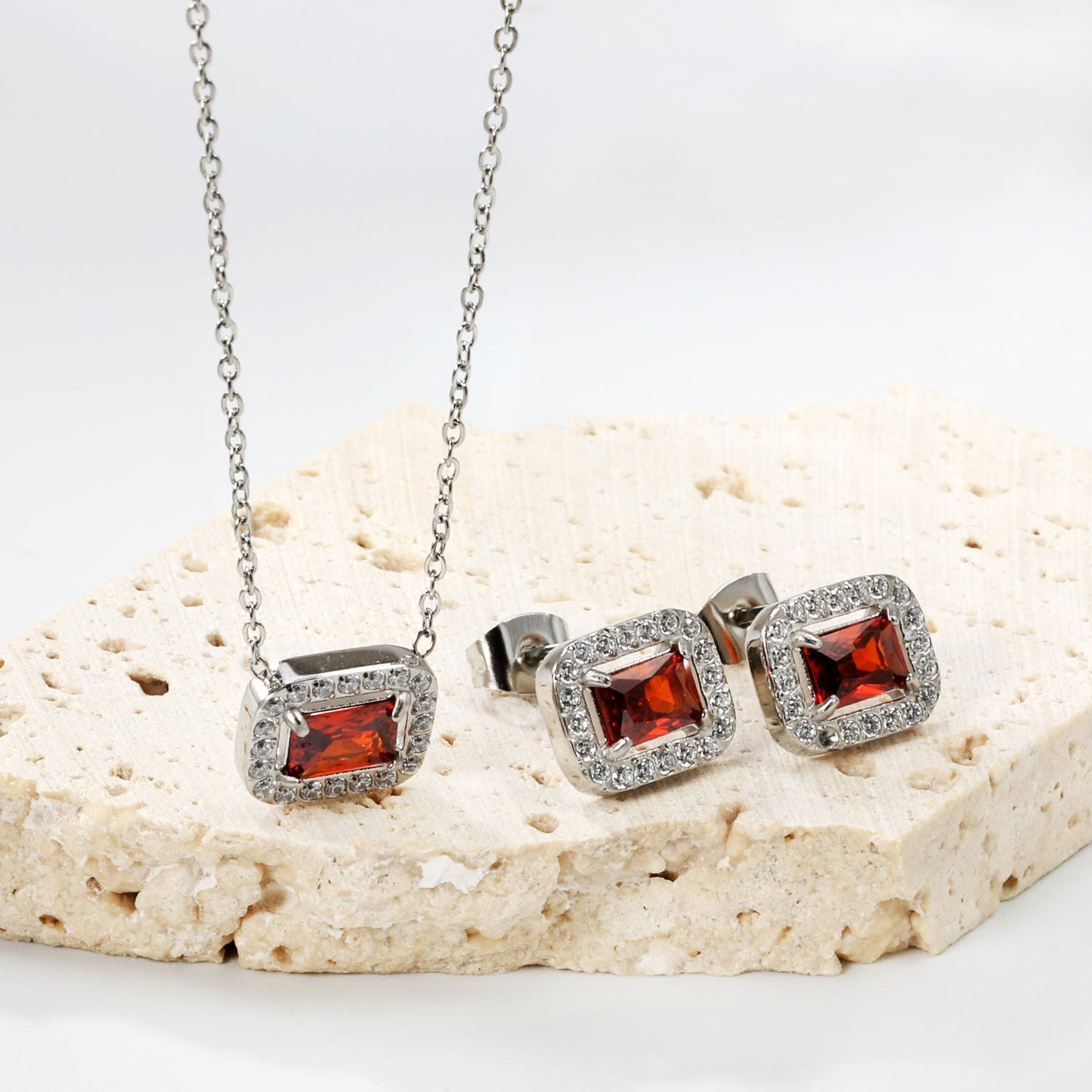 11*8.8mm rectangle garnet red zirconium with white zirconium circle earrings + necklace cross chain 0.3*44+5cm+6mm round end plate Set steel color/golden asonjewelry