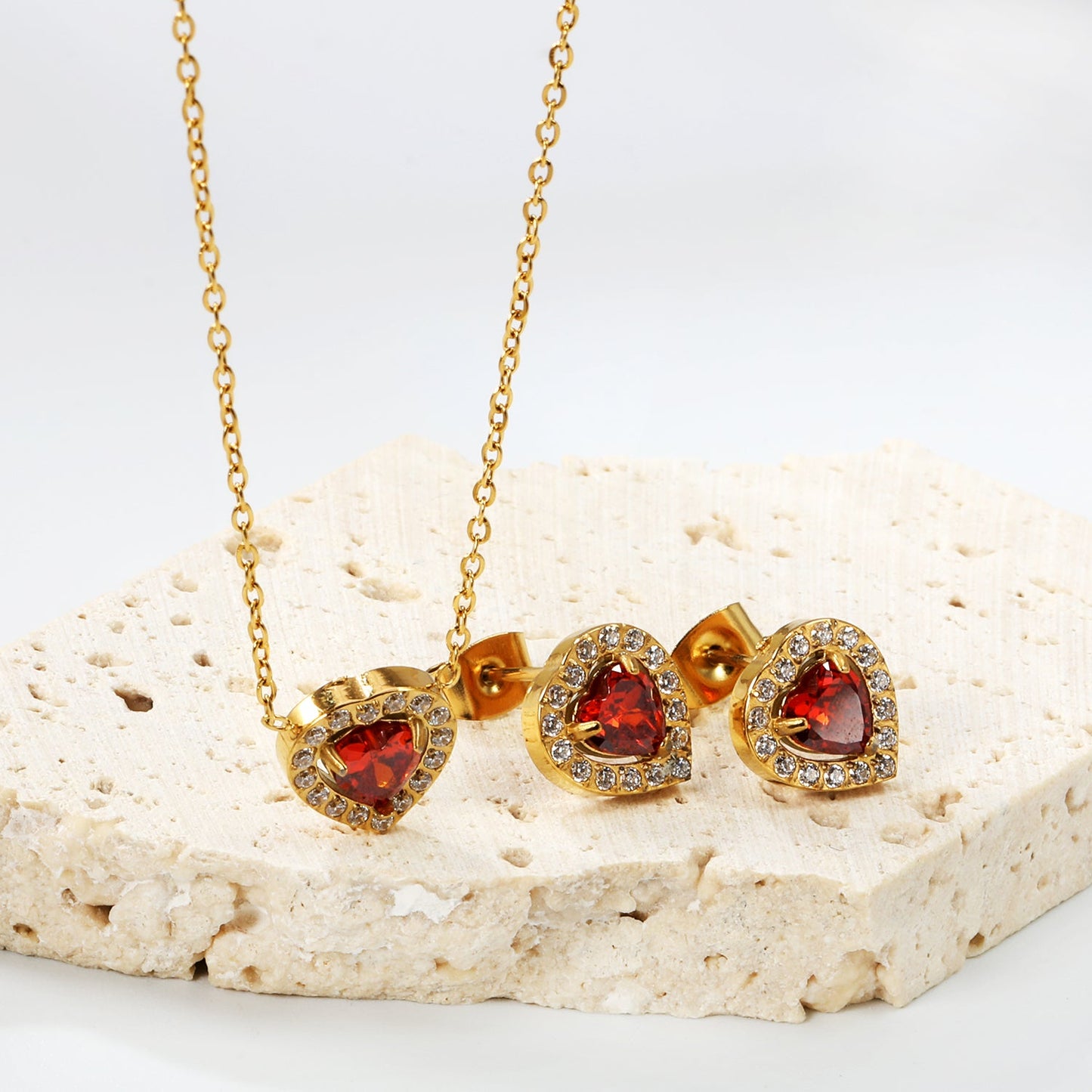 9.7*10.5mm heart shaped pomegranate red zirconium with white zirconium hoop earrings + necklace cross chain 0.3*44+5cm+6mm round end plate Set Steel/Golden color asonjewelry