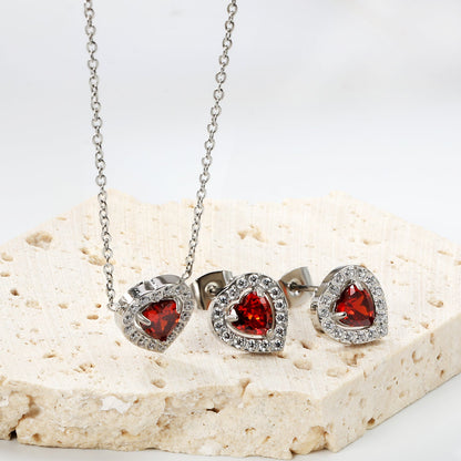 9.7*10.5mm heart shaped pomegranate red zirconium with white zirconium hoop earrings + necklace cross chain 0.3*44+5cm+6mm round end plate Set Steel/Golden color asonjewelry