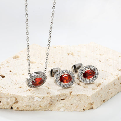10.3*8.4mm oval garnet red zirconium with white zirconium hoop earrings + necklace cross chain 0.3*44+5cm+6mm round end plate Set steel color/golden color asonjewelry