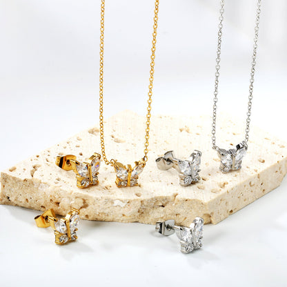 9.3*8.4mm Butterfly with white zirconium/color zirconium earrings + necklace 0.3*44+5cm+6mm round tail plate set steel/golden asonjewelry