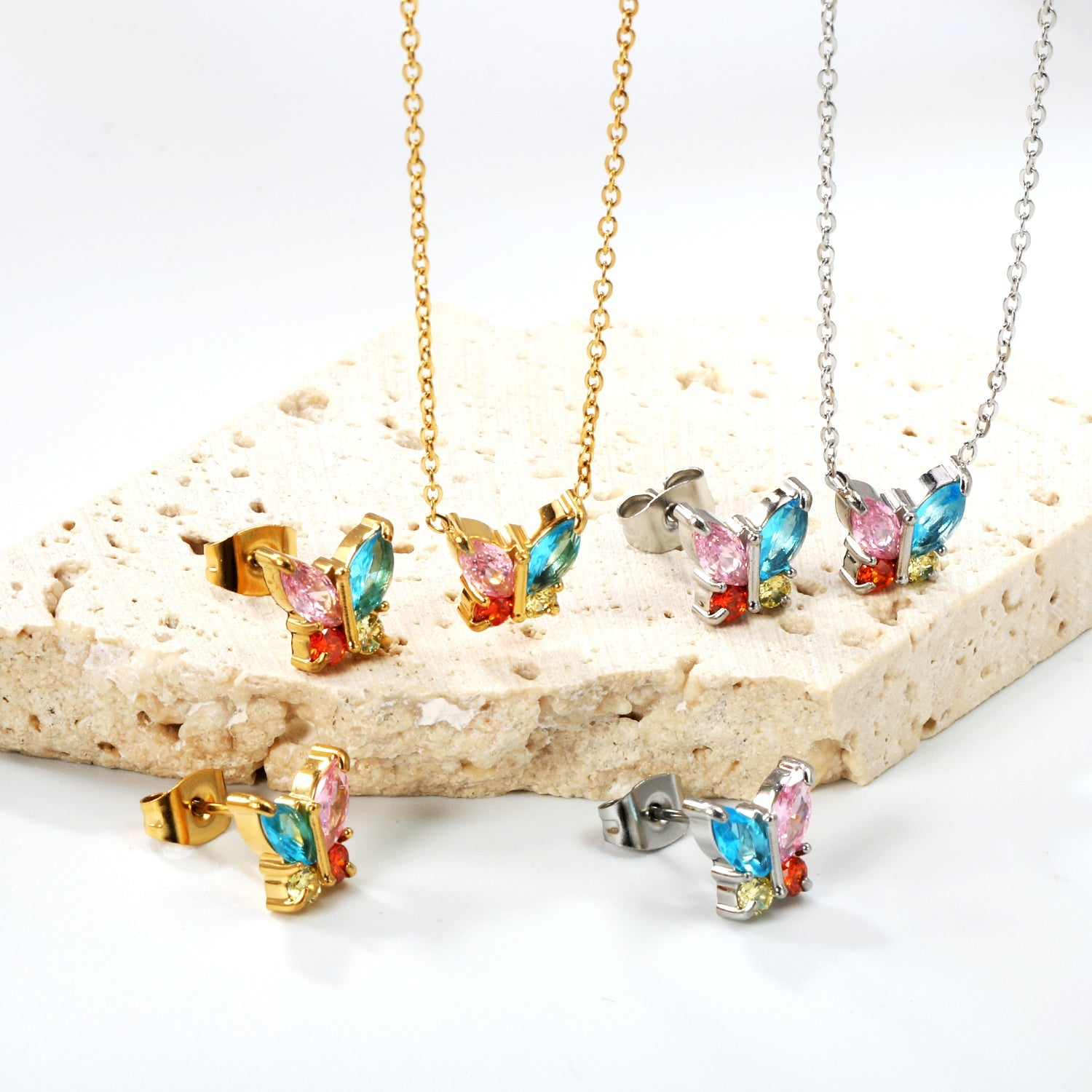 9.3*8.4mm Butterfly with white zirconium/color zirconium earrings + necklace 0.3*44+5cm+6mm round tail plate set steel/golden asonjewelry